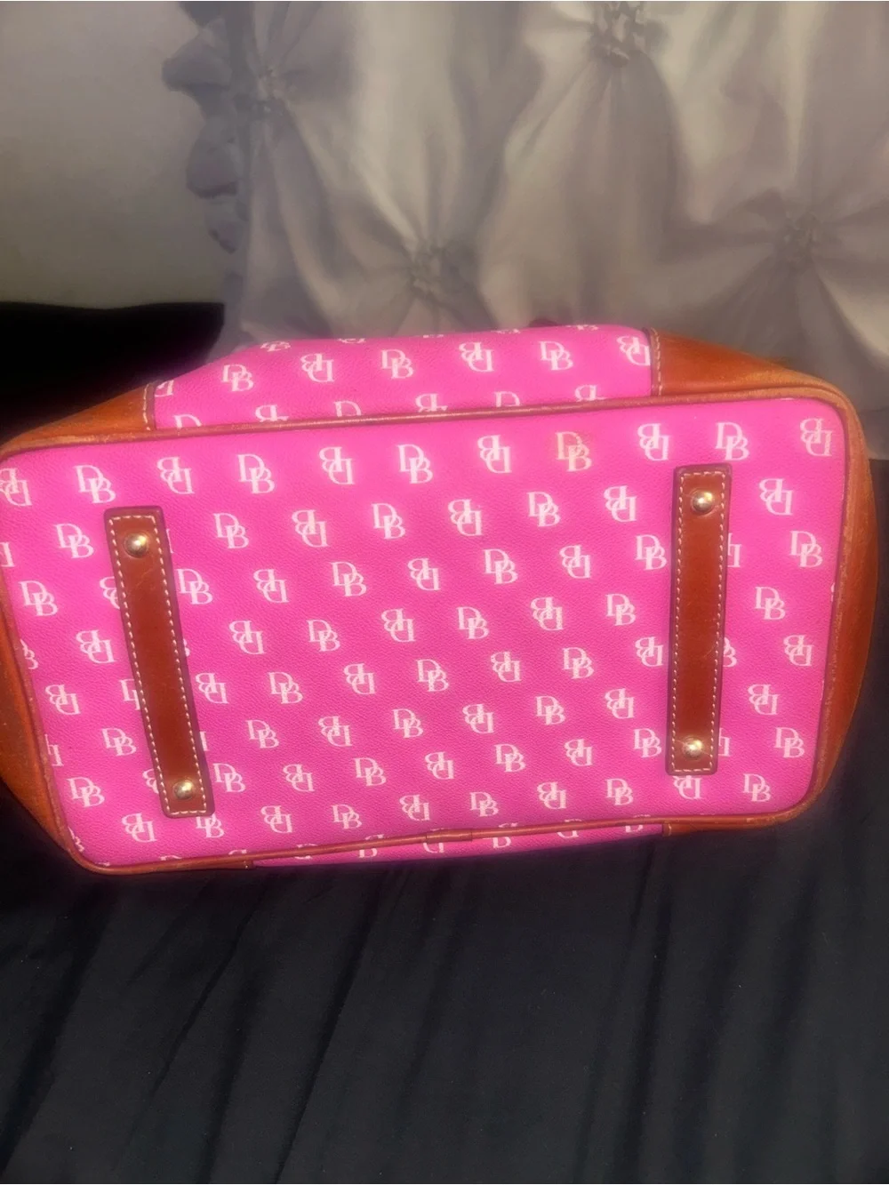 Dooney & Bourke Bright Pink Logo Tote with Brown Trim and Pearl Chain